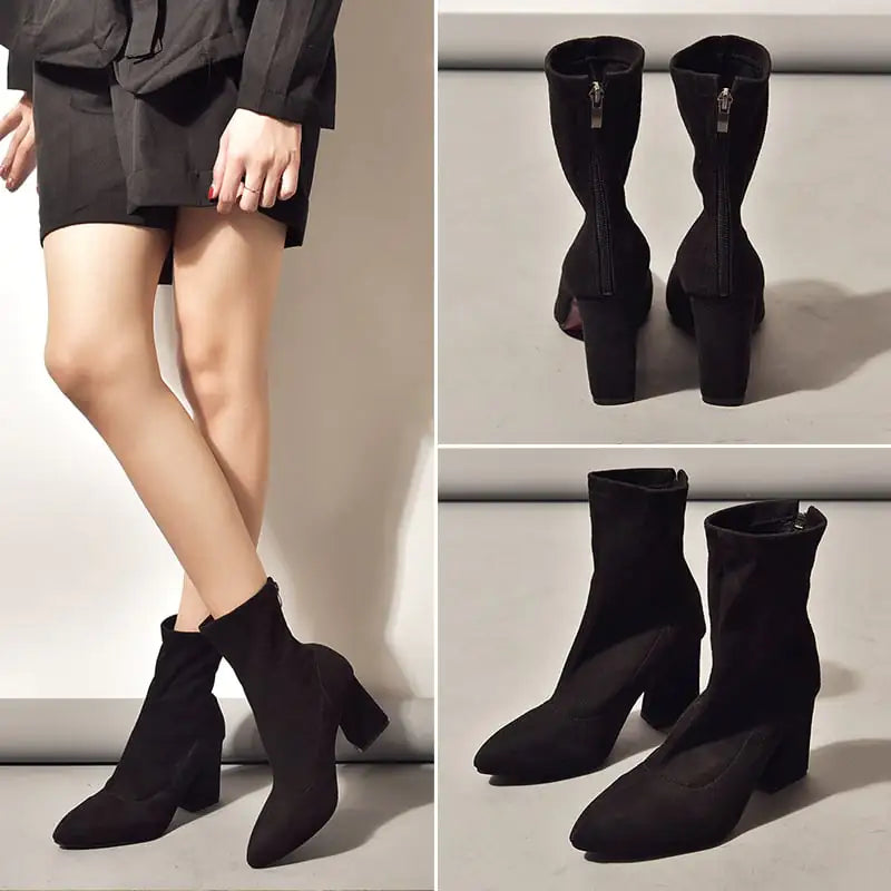 Pointed Toe Plus Size Thick Heels Slimming Boots