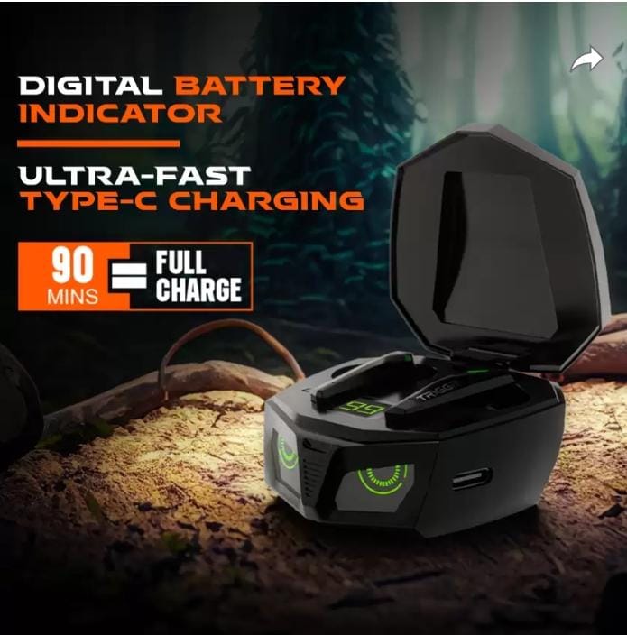 TRIGGR Kraken X1 with Battery Display, 40ms Latency, Quad Mic ENC, 40 Hr, v5.3 Bluetooth Headset (Black, True Wireless)