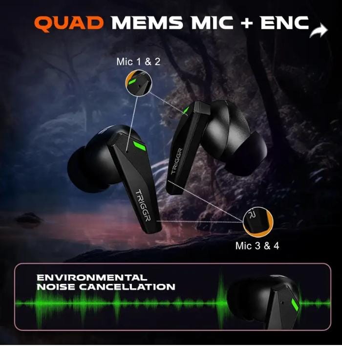 TRIGGR Kraken X1 with Battery Display, 40ms Latency, Quad Mic ENC, 40 Hr, v5.3 Bluetooth Headset (Black, True Wireless)